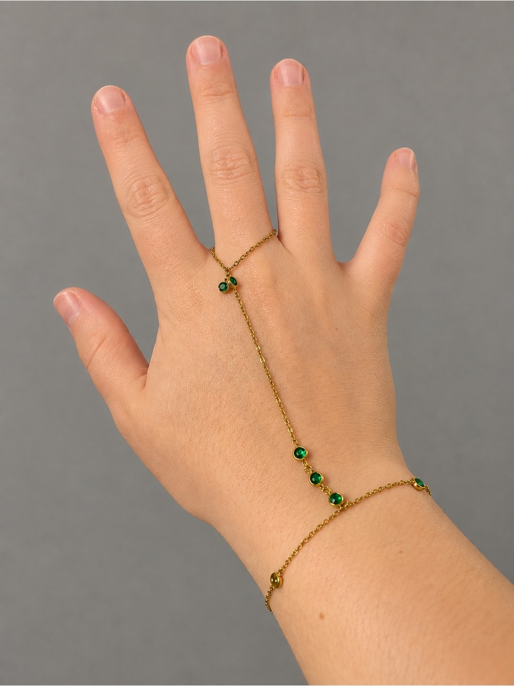 18K Gold-Filled Green CZ Hand Chain Bracelet